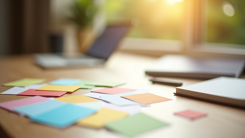 Kartičky na stole, příprava na zkoušku, barevné poznámky rozložené