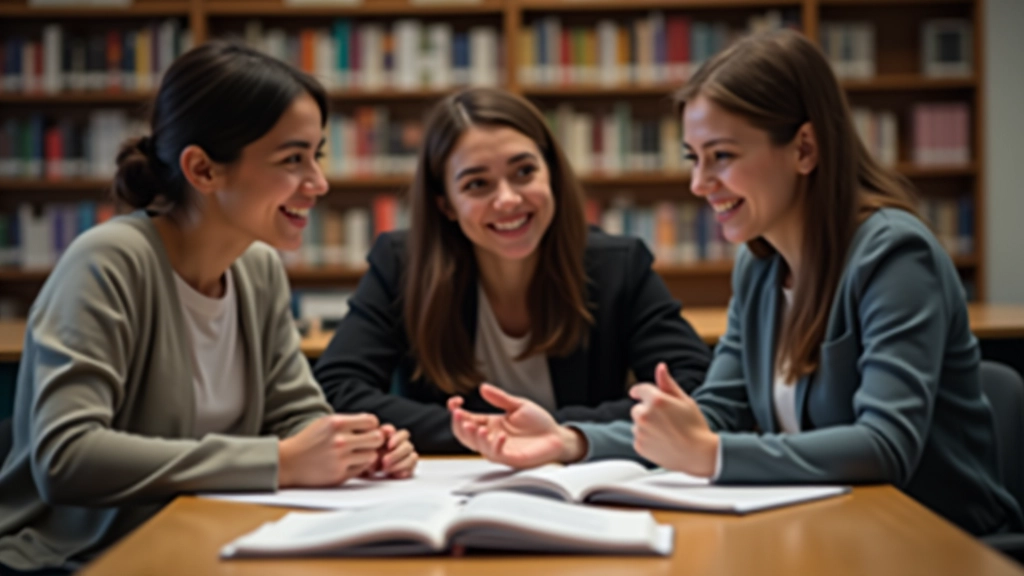 Tým studentů diskutuje a učí se spolu v knihovně, kooperativní učení
