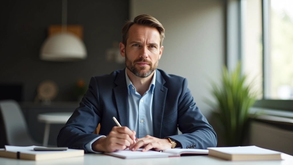 Muž ve věku 35 let sedí u psacího stolu s notebookem a knihami, soustředěný výraz, přirozené denní osvětlení, moderní domácí kancelář