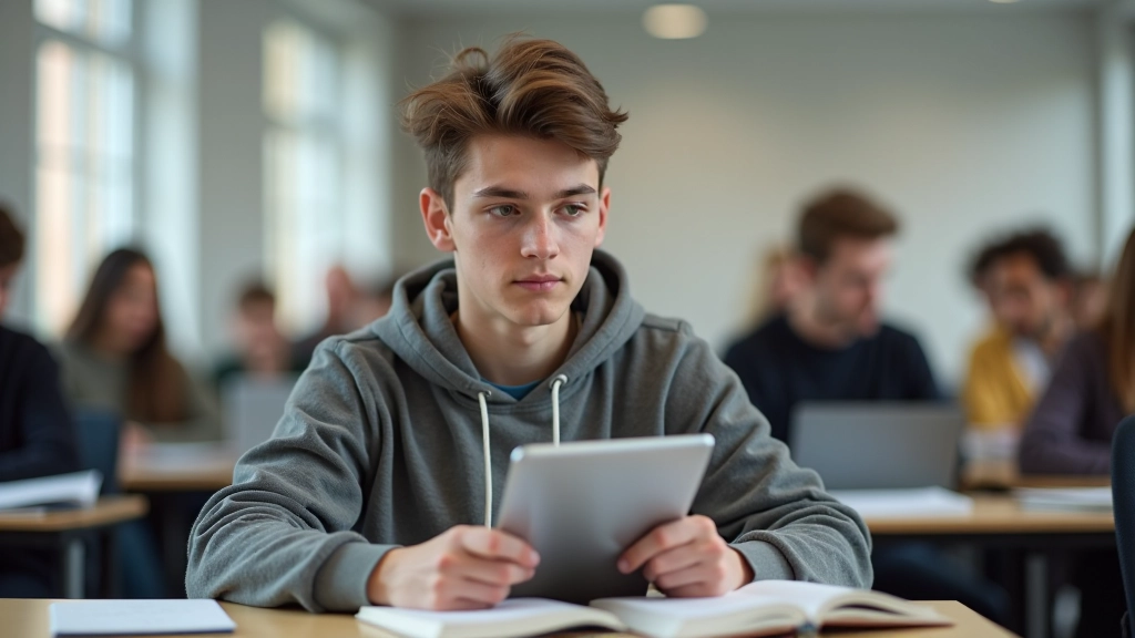 Student s knihami a digitálním zařízením, učebna s tichým prostředím