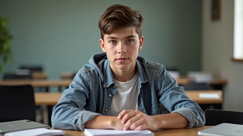 Teenager studuje s notebookem a učebnicí, středoškolák se soustředí