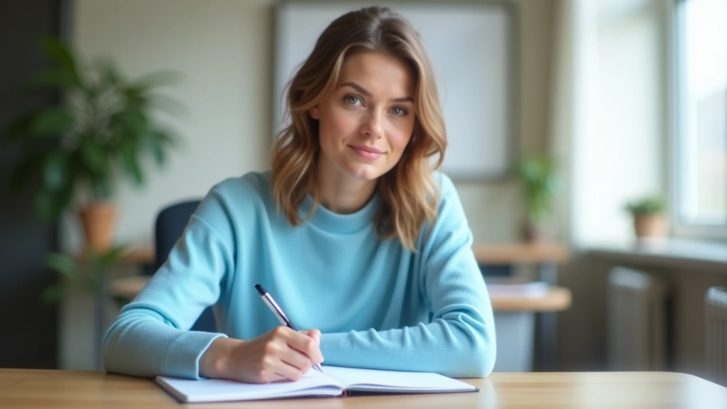 Mladá žena sedí u stolu s notebookem, psací pero v ruce, koncentrovaný výraz, světelné okno v pozadí