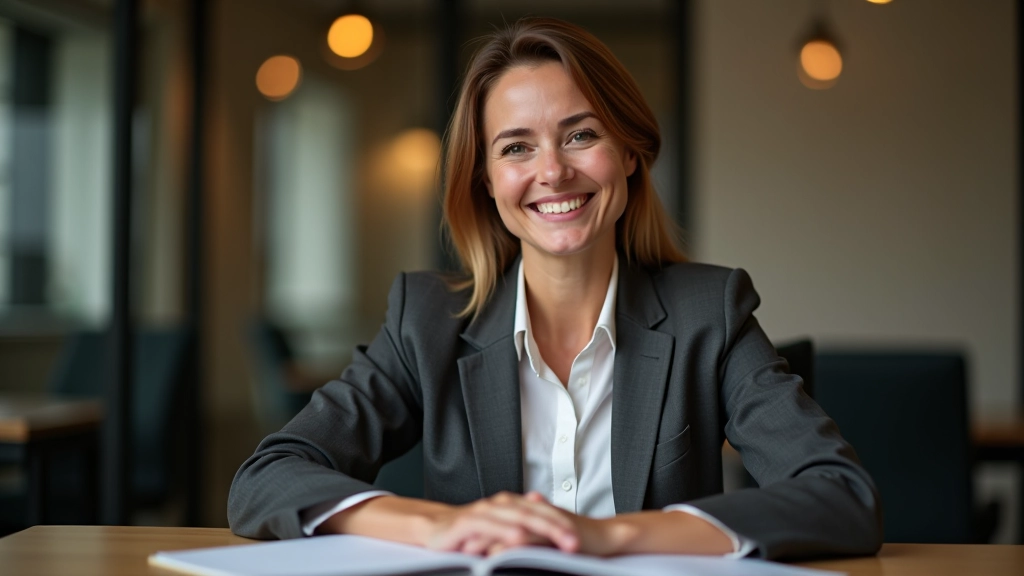 Žena středního věku sedí u stolu s notebookem, usmívá se sebevědomě, teplé osvětlení, moderní kancelářské prostředí